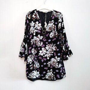 Entro Boho Tunic Top Womens Small Black Floral Bell Sleeve V Neck